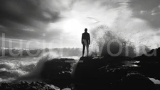 Silhouette Man Ocean Rocks Waves Digital Download B&W Art Photography PNG File