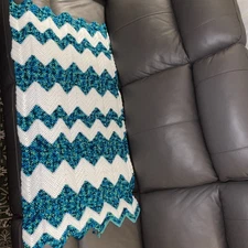 Vintage Grandma Knit Crochet Afghan 24” x 43” Throw Lap Blanket White Blue Green