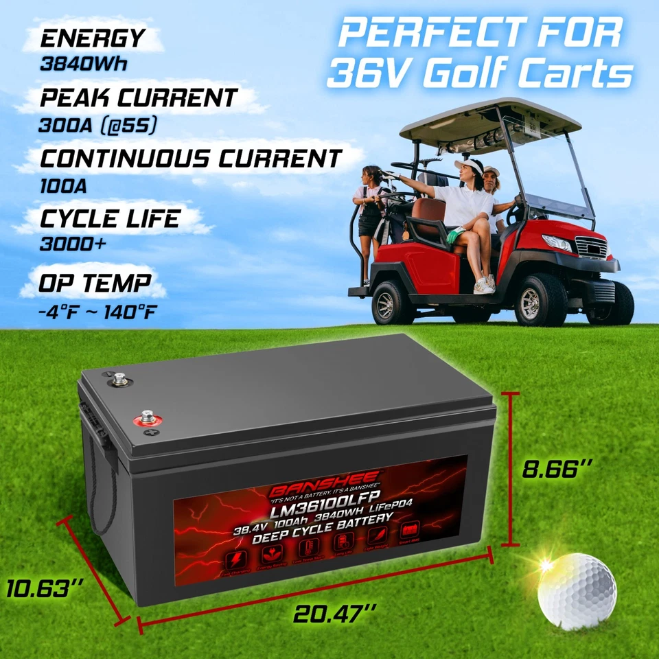 Carro de golf Banshee 36V 100Ah batería de litio LiFePO4 1C 3,84 kW para carros de 36V/72V Foto 4 de 4