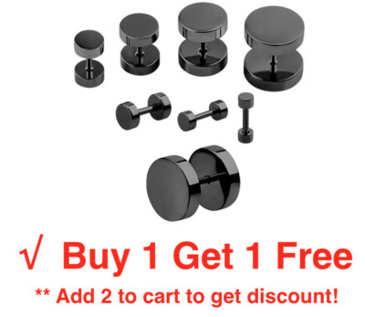 Stainless Steel Men Ear Stretcher Cheater Plugs Earrings Fake Black 2pcs BOGO