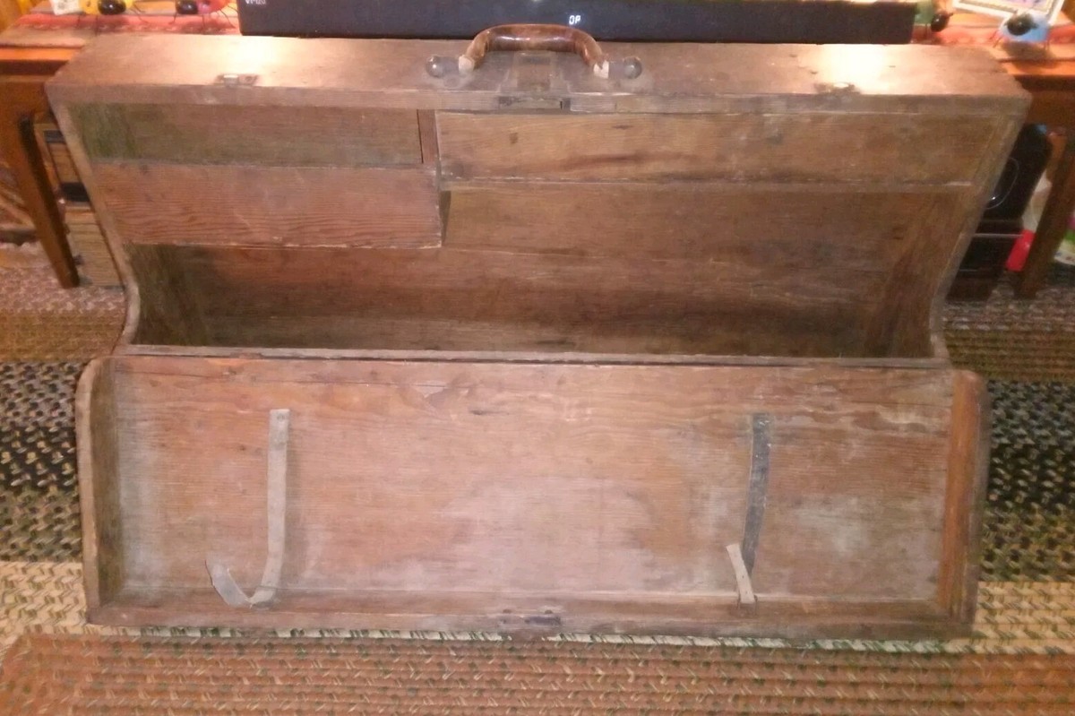 Antique Handmade Wooden Drop Front Tool Chest Box w Drawer