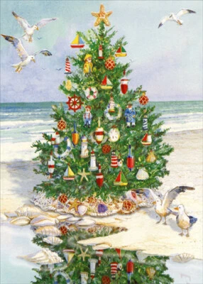 Decorated Tree on Beach Red Farm Studios Coastal Christmas Card