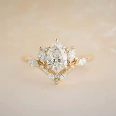 2.00 CT Pear Cut Simulated Diamond 14K Yellow Gold Finish Wedding Curved Rings