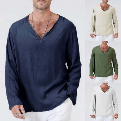  Ethnic Style Loose Men's V-neck Solid Color Long-sleeved T-shirt