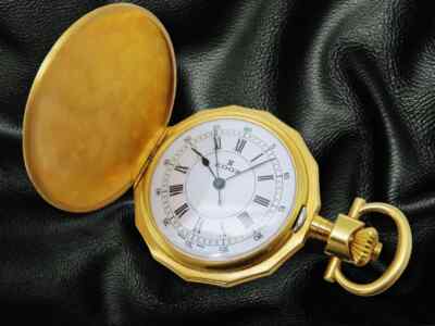 Edox Taschenuhr Vergoldet 16-sided Hunter Gehäuse Porzellan Ziffernblatt Kette