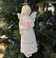 Angel Ornament Dangling Feet Blond Braided With Heart “Friends Are Angels” 4.5”