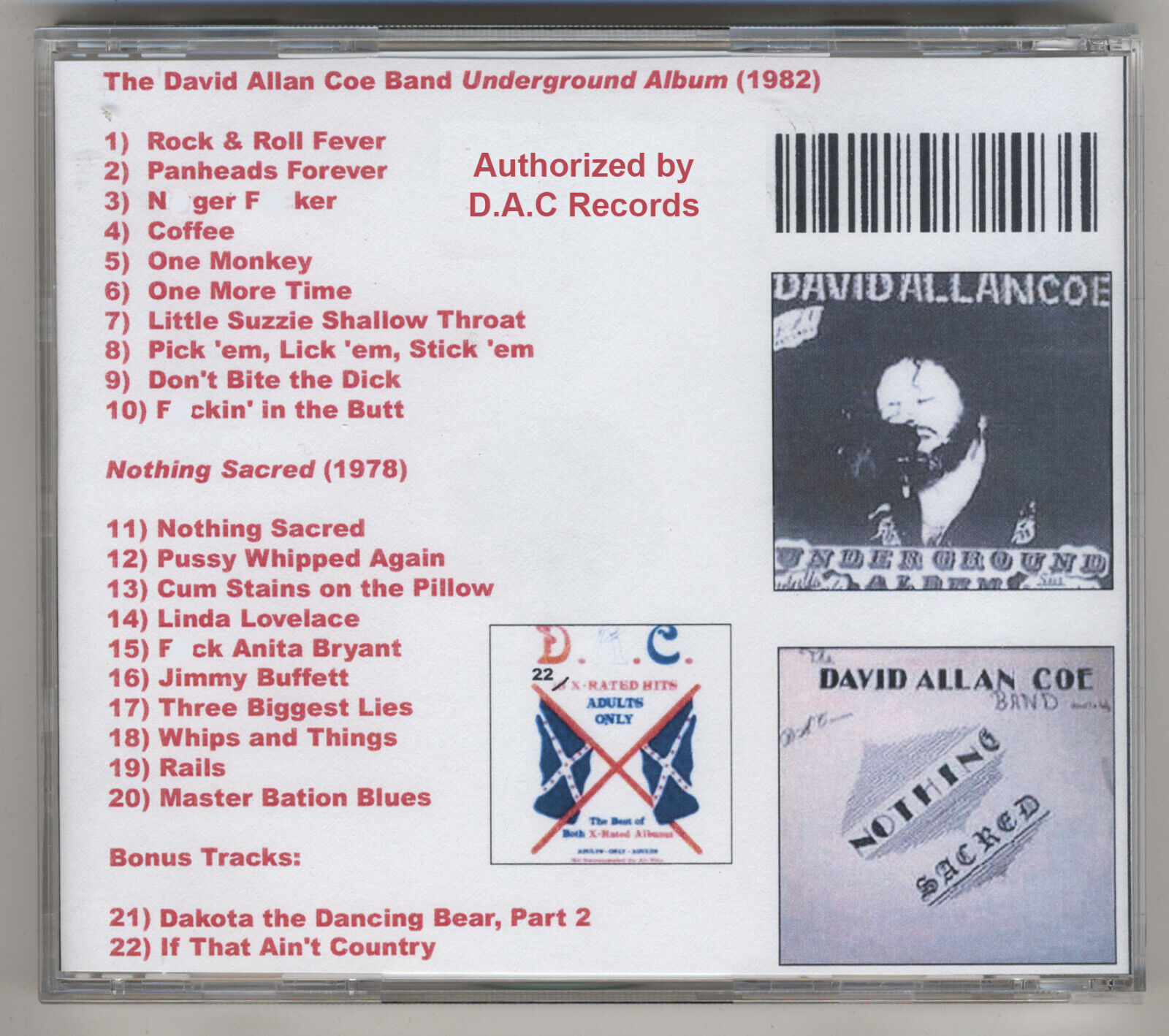 David Allan Coe- 22 X-Rated Hits CD - Underground Album+Nothing Sacred+ 2 Bonus