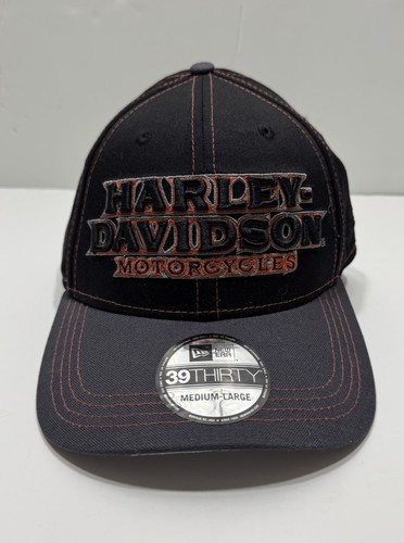 NEW ERA 39THIRTY Harley Davidson Men Stretch Fit Black Orange Baseball Hat M/L