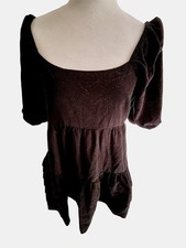 American Eagle Outfitters Black Corduroy Puff Sleeve Tiered Babydoll Mini Dress