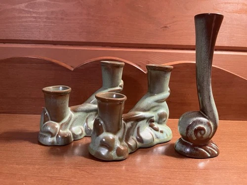 Vintage Frankoma Pottery Candle holders Glazed Prairie Green Set 304 & 31