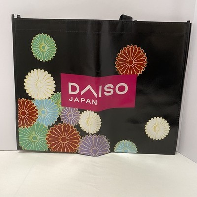 Daiso Chrysanthemums Reusable Grocery Shopping Tote Bag Black Handles Japan