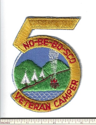 EX SCOUT BSA 5TH YEAR CAMP NO-BE-BO-SCO VETERAN CAMPER CUT TO SHAPE INSIGNIA NJ