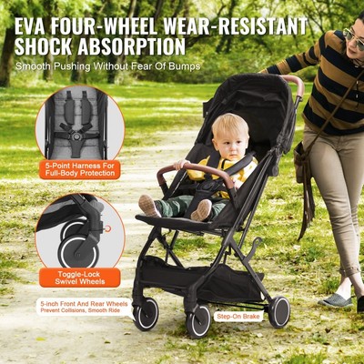 Adjustable Backrest Infant Stroller with Cup Holder and Carry Bag Black