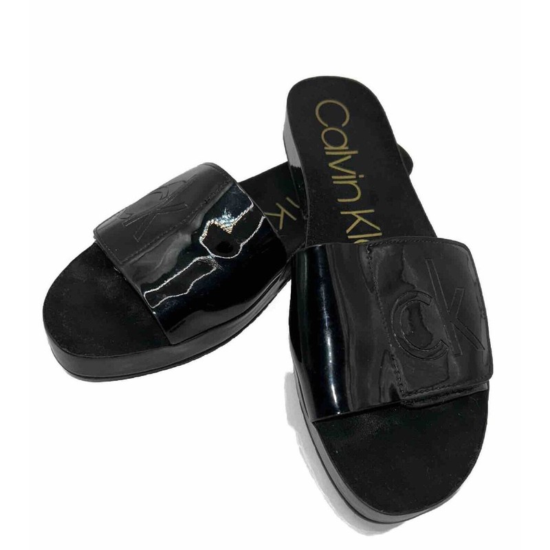 Calvin Klein Slip On Slides Black Patent Leather Women’s Size 6.5