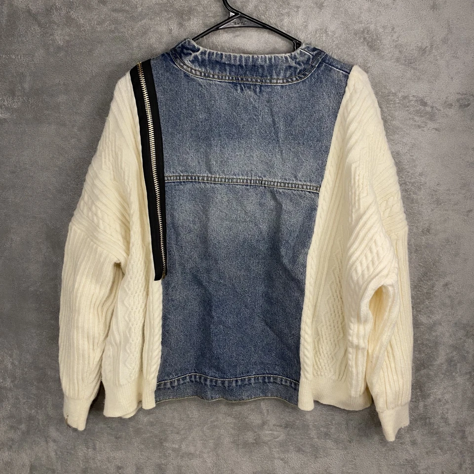 POL Women's M Denim Cardigan Jacket Blue White Knit Sleeves - Image 4 of 4