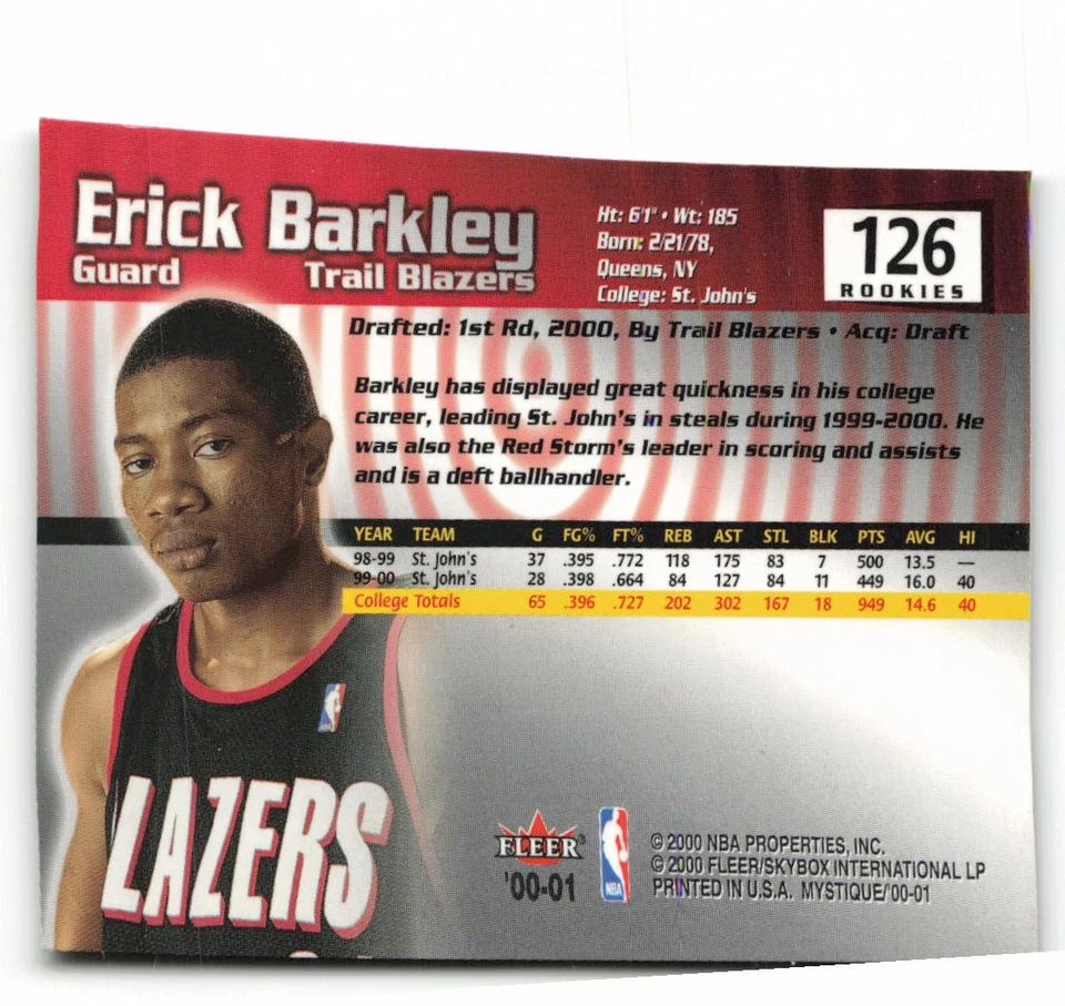 2000-01 Fleer Mystique #126 Erick Barkley Rookie Portland RC - Image 2 of 2