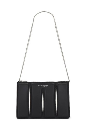 (NO CUSTOMS TAX) ALEXANDER MCQUEEN Slash black leather zip bag with chain strap