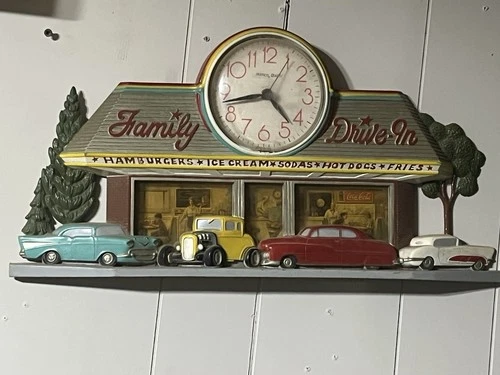 Vintage Coca-Cola Family Drive In Diner Wall Clock Burwood Cars - Working