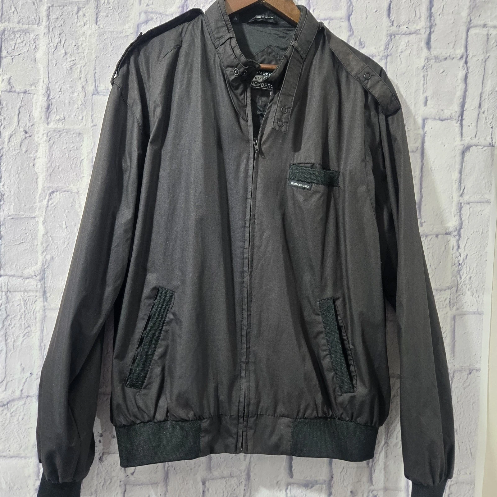 VTG 80's Members Only Jacket Black Full Zip Snap Button Collar Large Tall