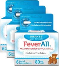 3Pack FeverAll Infants Acetaminophen Suppositorie Pain&Fever Relief 6 Rectal Ea