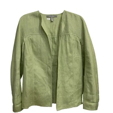 Ellen Tracy Blazer Jacket Women's Long Sleeve Open Front 100% Linen Green Size 6