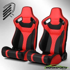 2x Universal Main Red + Black Side PVC Leather Reclinable Sport Racing Seats