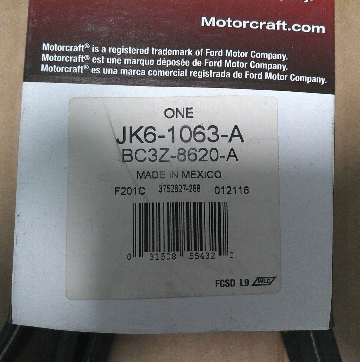 Motorcraft JK6-1063-A Ford BC3Z-8620-A or KC3Z-8620-A V-Belt