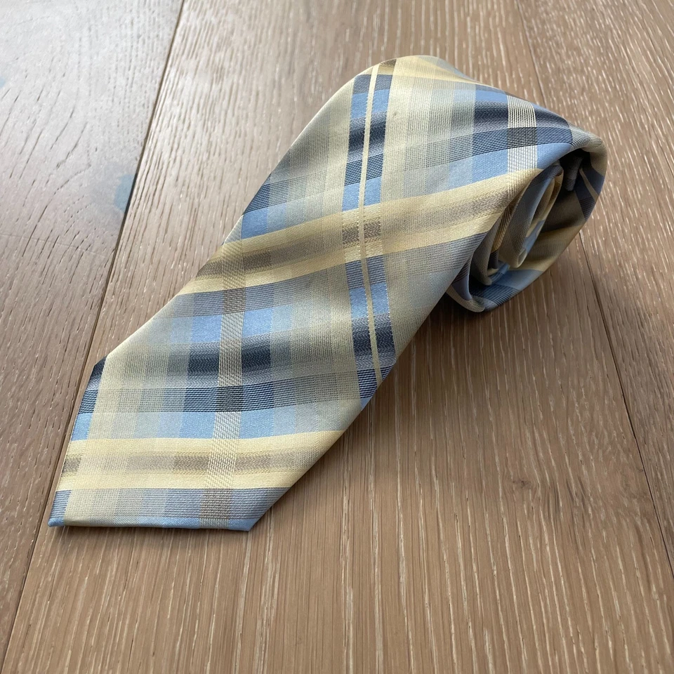 Corbata Kenneth Cole Reaction Hombre Ancha 100% Seda Amarillo Azul Marino Tostado Cuadros Foto 2 de 4