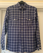 Jaeger Shirt Mens UK Medium Blue Utility Check Long Sleeve Smart Casual