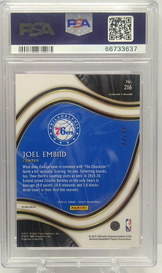 2020 Panini Select #216 Joel Embiid Color Match /49 Red Disco Prizm PSA 9 - Image 3 of 4