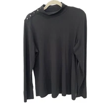 Denim and Co Signature Novelty Button Mock Neck Rib Knit Top Women L Black Cozy