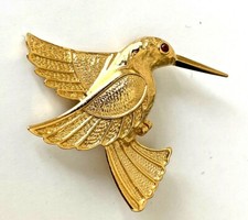 BROCHE vintage OISEAU doré yeux strass ROUGE Brooch pin NEUF 5cm