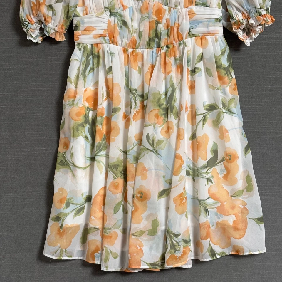 Abercrombie Fitch Dress XS Orange Green Floral Mini Puff Romantic Flowy Summer - Image 4 of 4