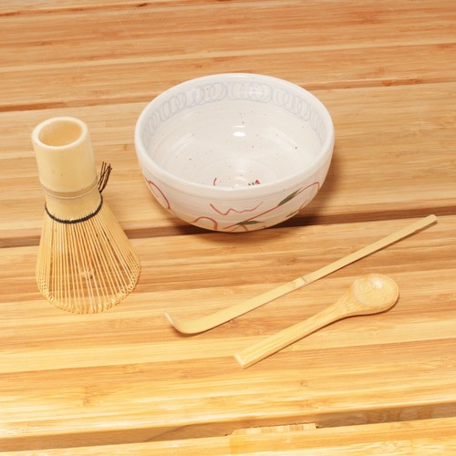 BambooMN Matcha Tea Set - White Matcha Bowl with Leaf Design - 4pc. Set - Picture 3 of 11