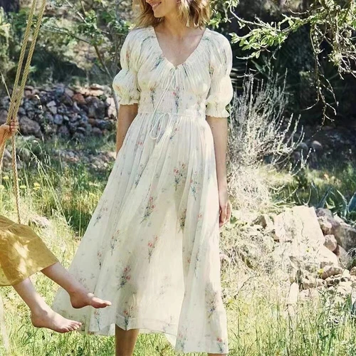 Vestido midi estampado floral manga corta de algodón orgánico 2025 para mujer - Imagen 1 de 10