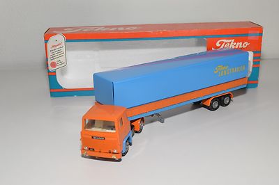 ( TEKNO SCANIA 141 LKW MIT LONGTRAILER ANHÄNGER ORANGE BLAU NEAR MINT BOXED