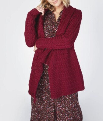 NEW Ireland's Eye Waterfall Cardigan 100% Virgin Wool Sweater Large Claret  $244