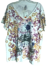 Gitano Womans NEW 22/24 Plus Size Embellished White Floral T Shirt V Neck