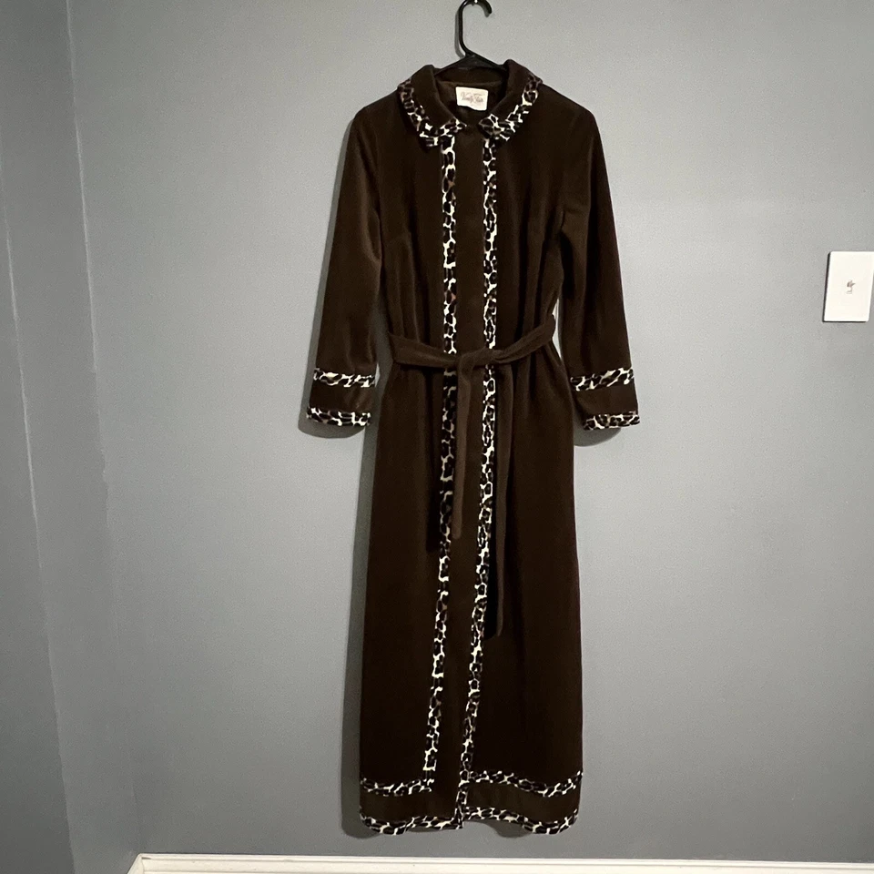 Bata Larga Vintage Vanity Fair Marrón Vellón Talla 14 Bolsillos Estampado Animal Borde Foto 2 de 4