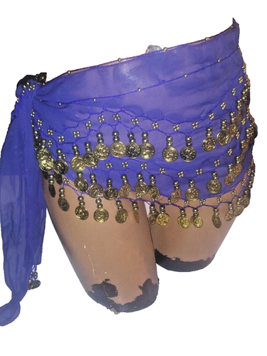 Blue Belly Dance Hip Skirt Scarf Wrap Belt with 3 rows Gold Coins - 第 1/2 張圖片