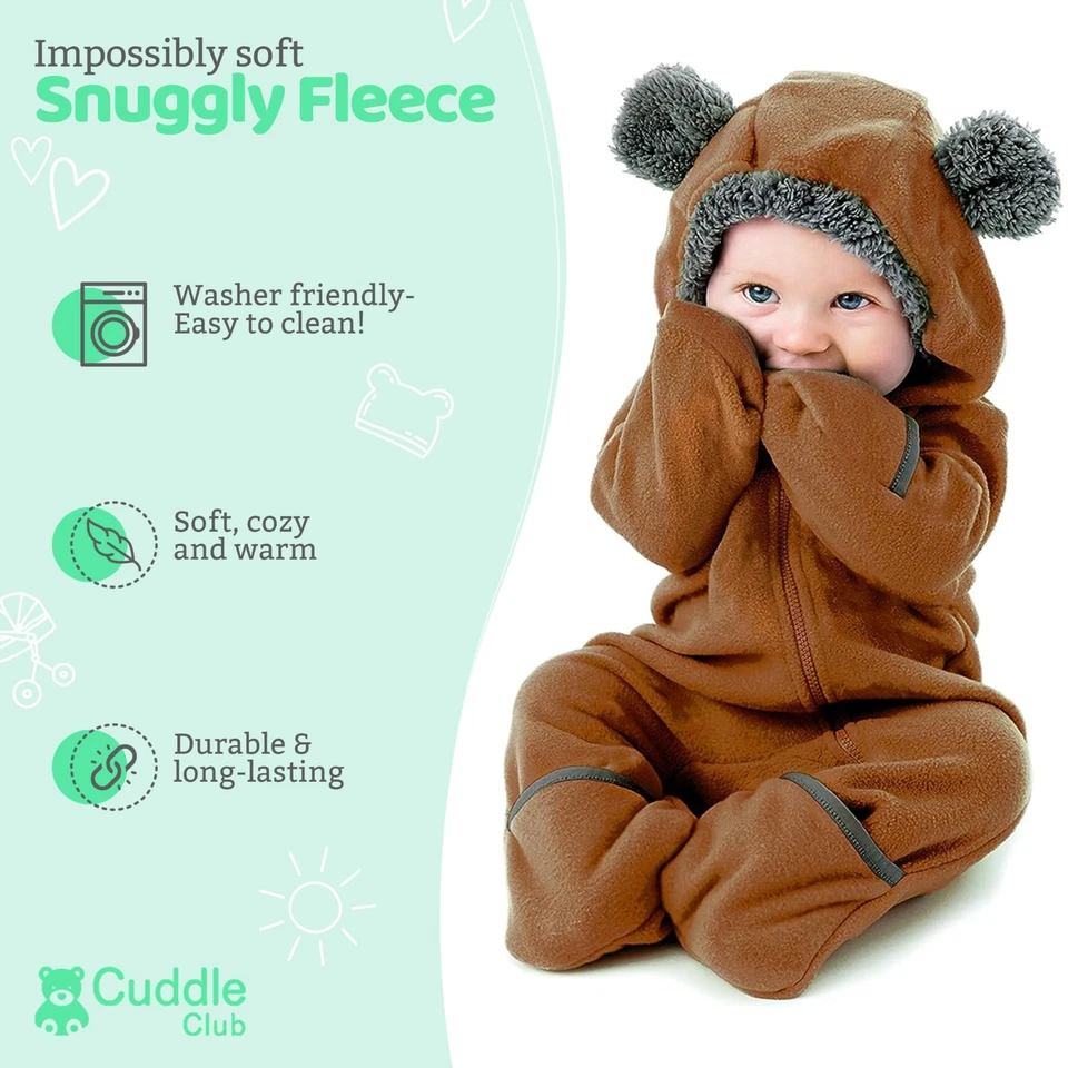 Fleece Baby Bunting Bodysuit – Infant One Piece Kids Hooded Romper Outerwear ... - Image 2 of 4
