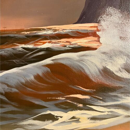 Vintage Sunset painting mid century oil Beach Scape Unstretched 12x24 Canvas - Picture 2 of 14