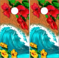 Hibiscus Flowers Beach Wave LAMINATED Cornhole Wrap Bag Toss Skin Decal