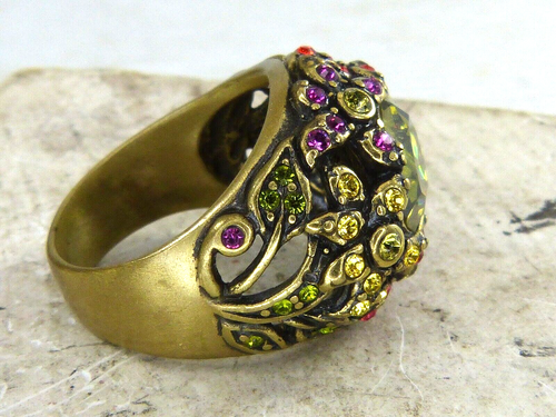 Vintage Heidi Daus Green ,Pink ,Orange Swarovski Crystal Ring Flowers 9 3/4 A - Picture 6 of 9