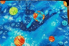 Planets On Blue Background with Glitter Cotton Quilt Fabric 36 x 56 Inches