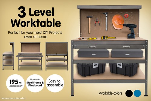 3-Layer Steel Work Bench Garage Storage Table Tool Shelf Pegboard Drawer Silver - Picture 2 of 7