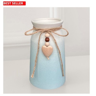 Stylish 6-Inch Vase in Solid Blue Ceramic with Heart Charm - Gift-Ready Design
