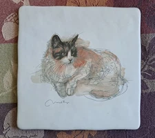 Vintage MADS STAGE Rare Calico Cat Art Decorative Ceramic Tile Danish Artist