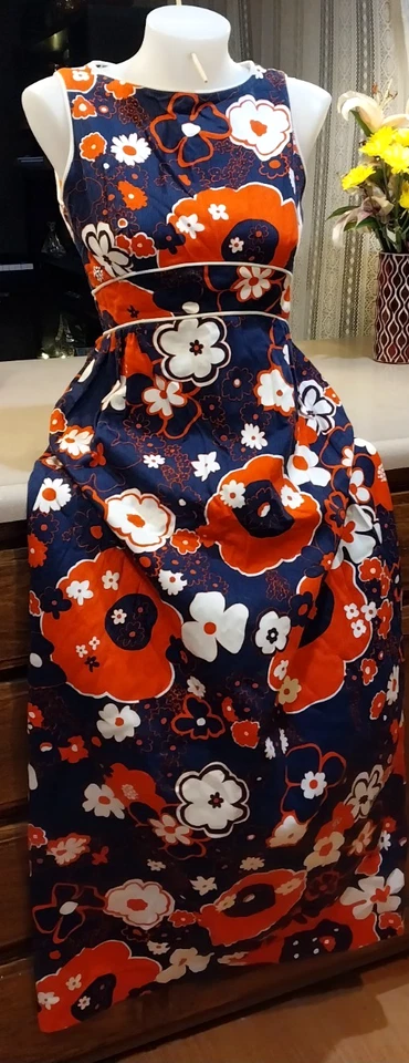 De colección. Maxi PATTY WOODARD EE. UU. S/M Cintura Imperio Naranja Azul Años 60. Flor abstracta Foto 4 de 4