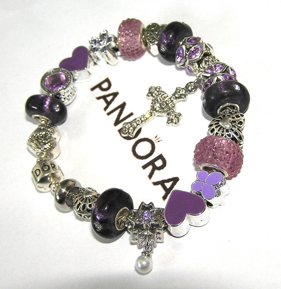 AUTÉNTICO Pulsera Pandora Plata con Cruz Abrazo de Amor, Dijes Europeos Púrpura Foto 4 de 4